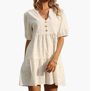 White V Neck Babydoll Dresses Short Sleeve  Tunic  Swing Mini Dress